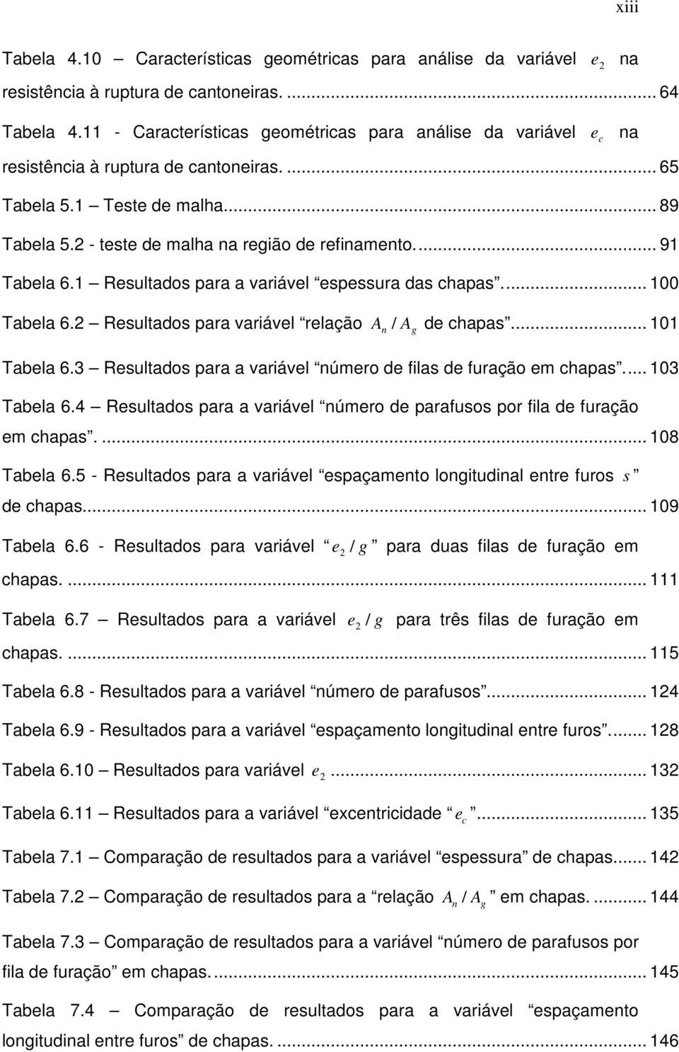 .. 91 Tabela 6.1 Resultados para a variável espessura das chapas... 100 Tabela 6.2 Resultados para variável relação A / A de chapas... 101 n g Tabela 6.