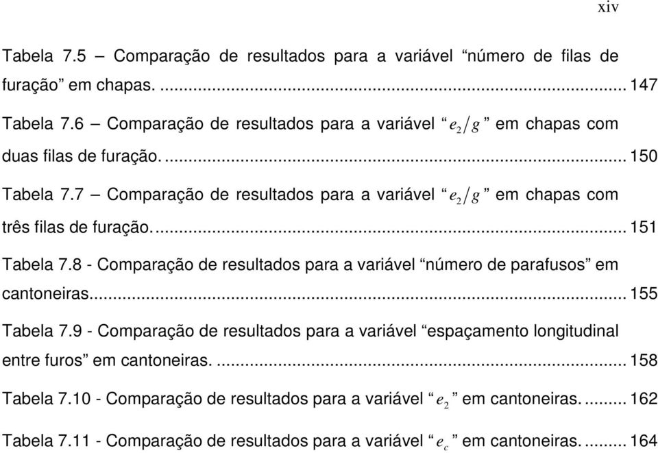 7 Comparação de resultados para a variável e 2 g em chapas com três filas de furação... 151 Tabela 7.