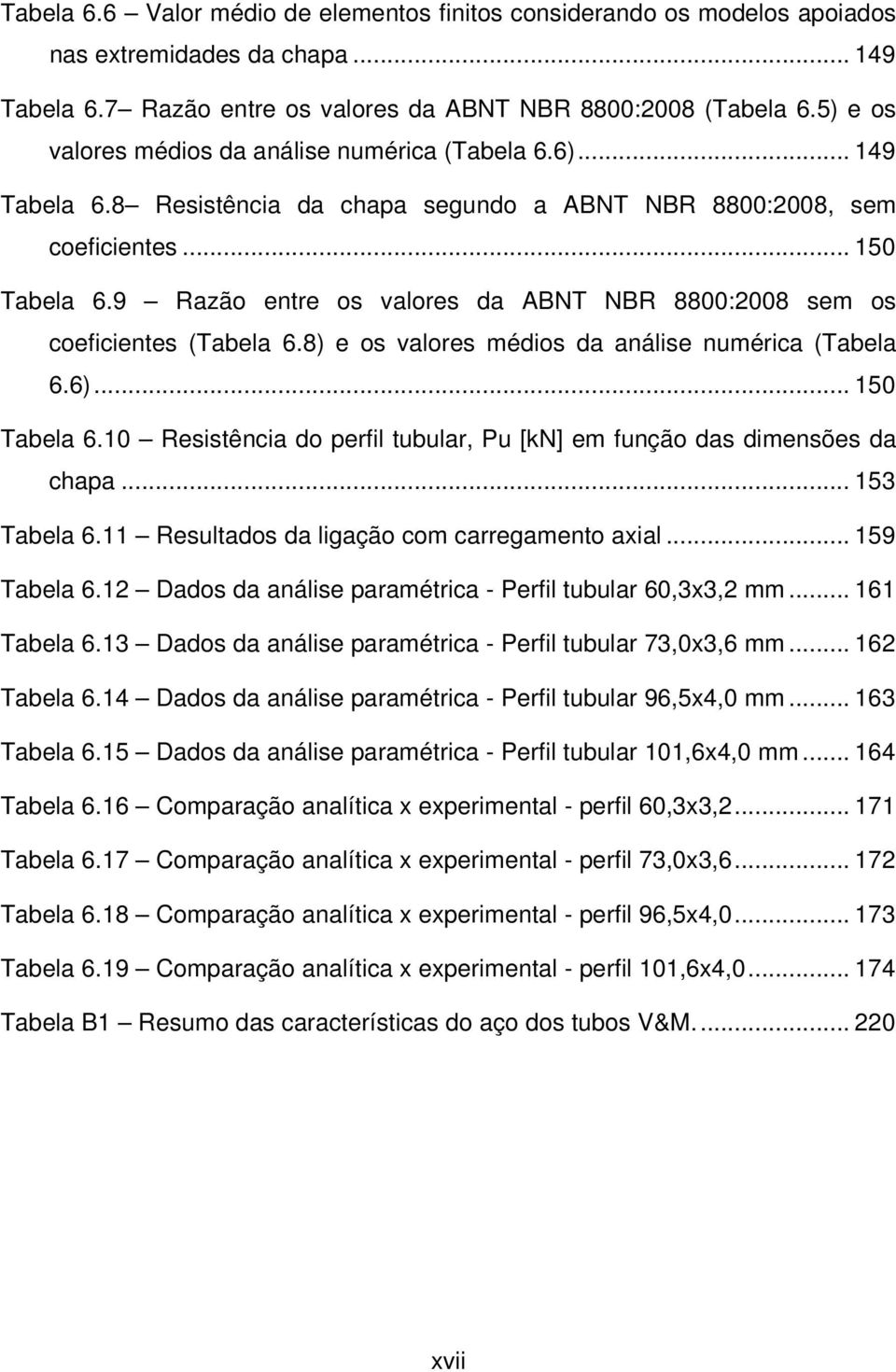 9 Razão entre os valores da ABNT NBR 8800:2008 sem os coeficientes (Tabela 6.8) e os valores médios da análise numérica (Tabela 6.6)... 150 Tabela 6.
