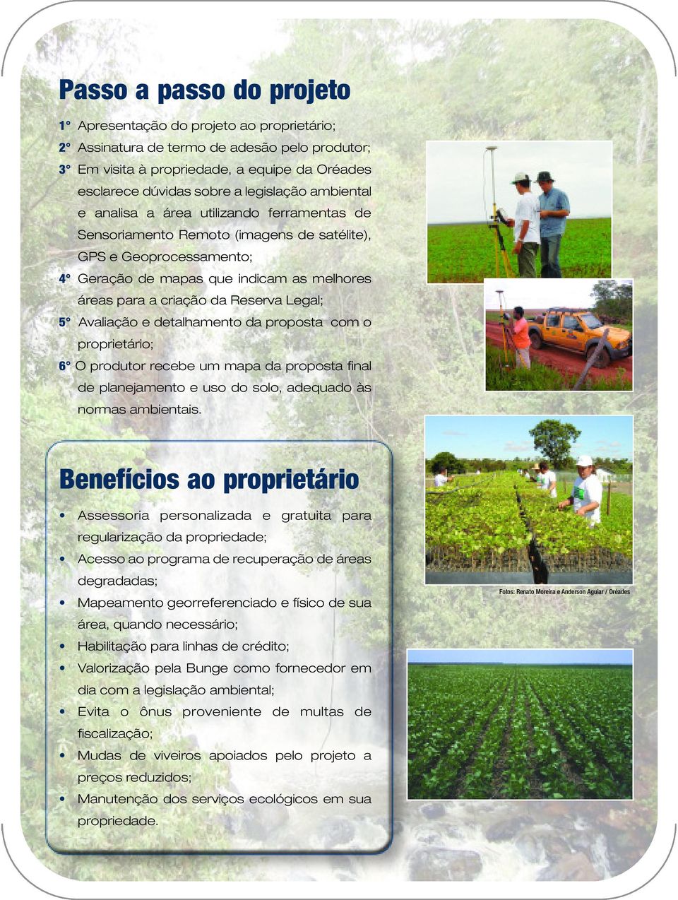 Legal; 5 Avaliação e detalhamento da proposta com o proprietário; 6 O produtor recebe um mapa da proposta final de planejamento e uso do solo, adequado às normas ambientais.