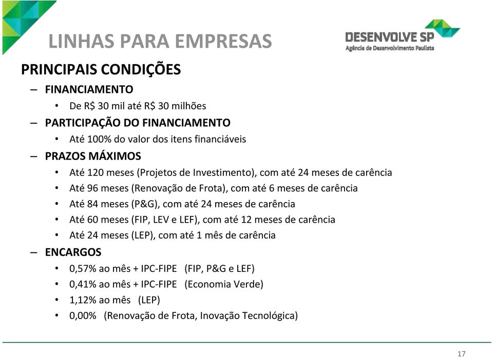 carência Até 84 meses (P&G), com até 24 meses de carência Até 60 meses (FIP, LEV e LEF), com até 12 meses de carência Até 24 meses (LEP), com até 1 mês de