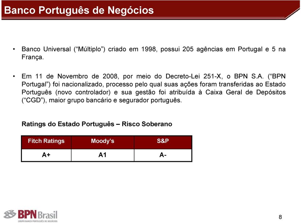( BPN Portugal ) foi nacionalizado, processo pelo qual suas ações foram transferidas ao Estado Português (novo controlador)