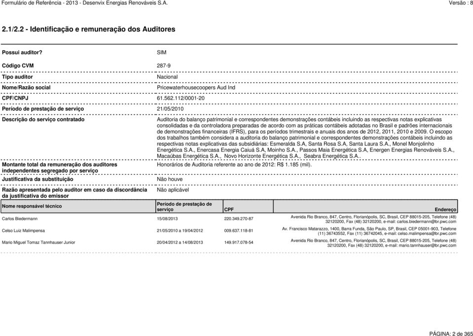 Auditoria do balanço patrimonial e correspondentes demonstrações contábeis incluindo as respectivas notas explicativas consolidadas e da controladora preparadas de acordo com as práticas contábeis