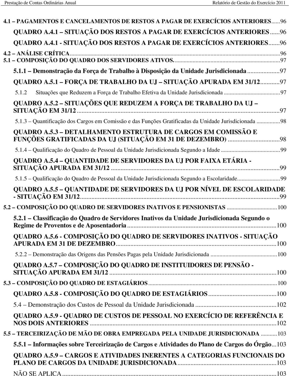 .. 97 QUADRO A.5.1 FORÇA DE TRABALHO DA UJ SITUAÇÃO APURADA EM 31/12... 97 5.1.2 Situações que Reduzem a Força de Trabalho Efetiva da Unidade Jurisdicionada... 97 QUADRO A.5.2 SITUAÇÕES QUE REDUZEM A FORÇA DE TRABALHO DA UJ SITUAÇÃO EM 31/12.