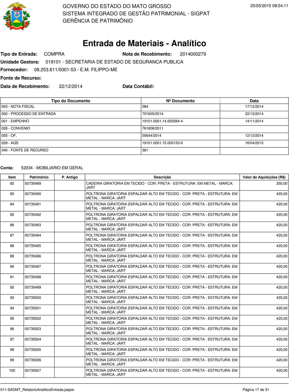 000120-6 361 22/12/2014 14/11/2014 12/12/2014 16/04/2015 52034 - MOBILIARIO EM GERAL 82 00735489 CADEIRA GIRATORIA EM TECIDO - COR: PRETA - ESTRUTURA: - MARCA: JART 83 00735490 POLTRONA GIRATORIA