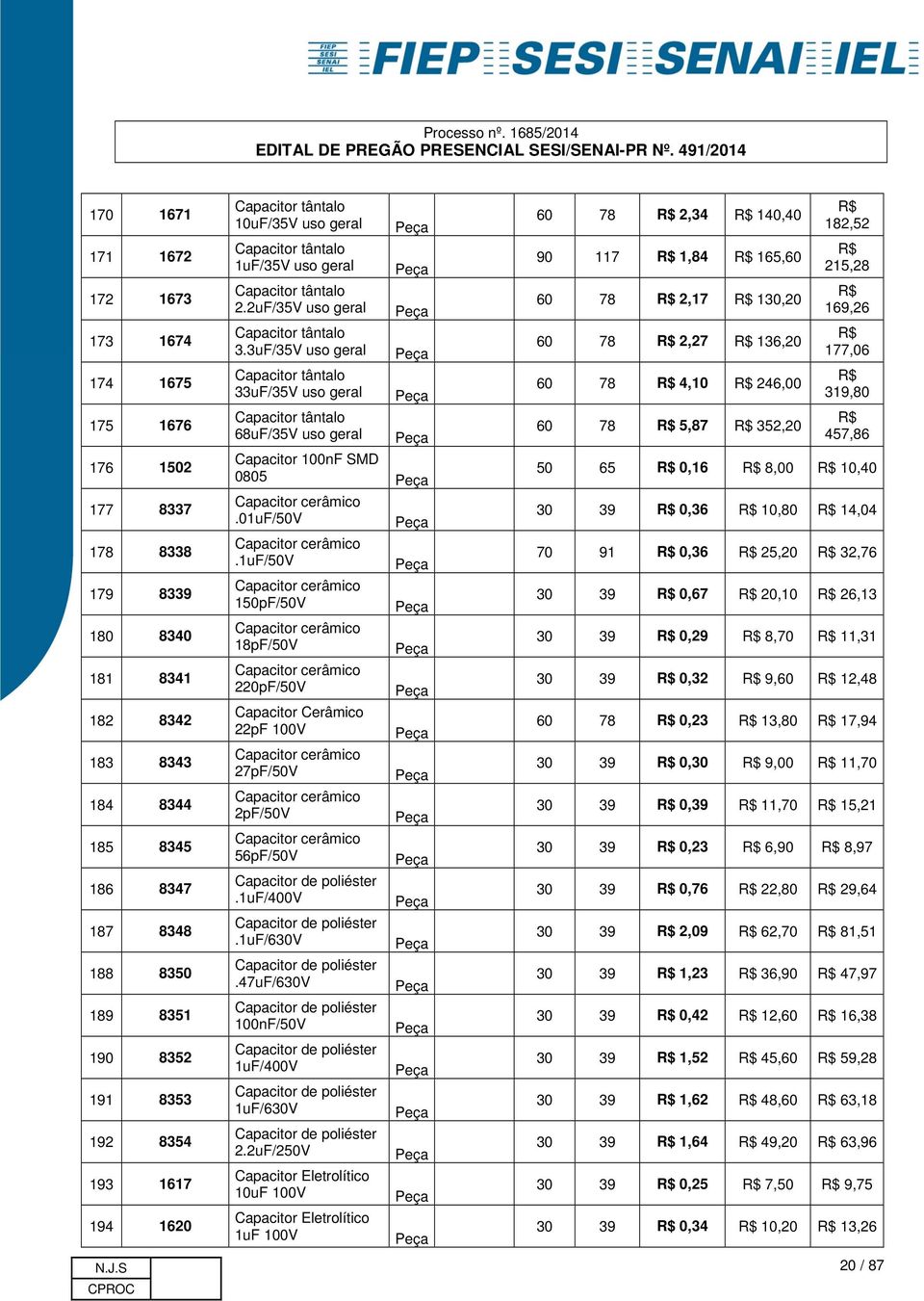 3uF/35V uso geral Capacitor tântalo 33uF/35V uso geral Capacitor tântalo 68uF/35V uso geral Capacitor 100nF SMD 0805.01uF/50V.