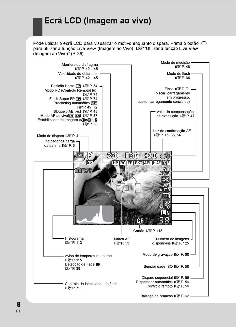 74 Bracketing automático t gp. 49, 72 Bloqueio AE u gp. 48 Modo AF ao vivopo gp. 37 Estabilizador de imagem vws gp. 58 Modo de disparo gp. 4 Indicador da carga da bateria gp. 6 250 F5.6 +2.