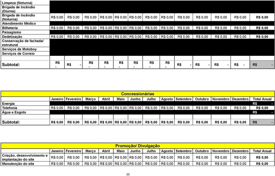 Correio Subtotal: Concessionárias Janeiro Fevereiro Março Abril Maio Junho Julho Agosto Setembro Outubro Novembro Dezembro Total Anual Energia Telefonia 0,00 0,00 0,00 0,00 0,00 0,00 0,00 0,00 0,00
