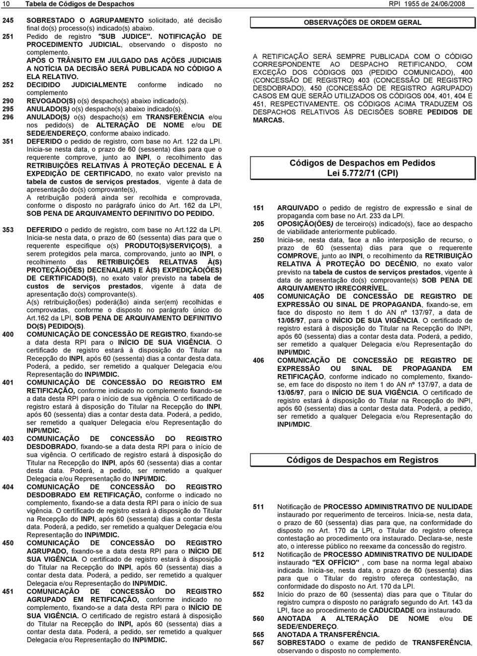 252 DECIDIDO JUDICIALMENTE conforme indicado no complemento 290 REVOGADO(S) o(s) despacho(s) abaixo indicado(s). 295 ANULADO(S) o(s) despacho(s) abaixo indicado(s).