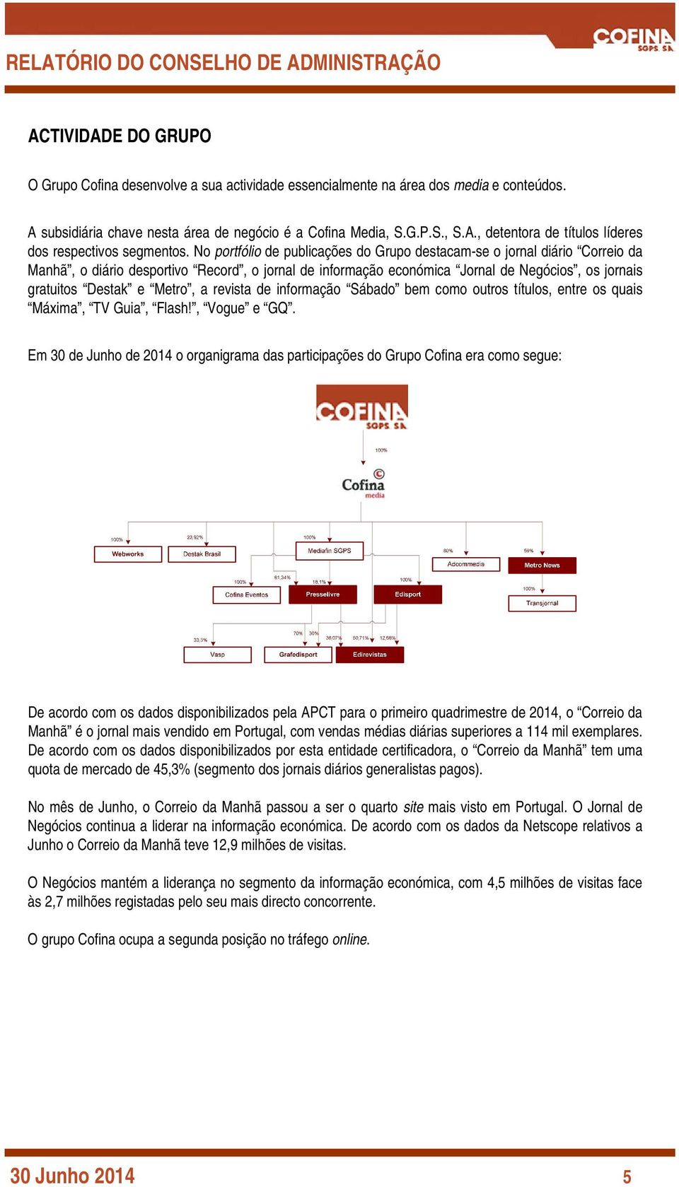 No portfólio de publicações do Grupo destacam-se o jornal diário Correio da Manhã, o diário desportivo Record, o jornal de informação económica Jornal de Negócios, os jornais gratuitos Destak e