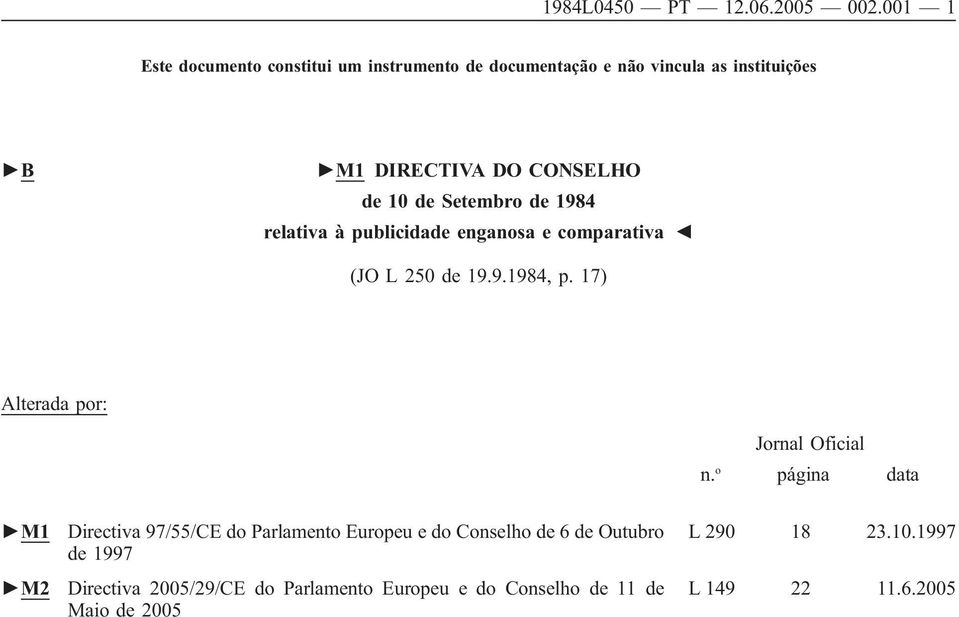 de Setembro de 1984 relativa à publicidade enganosa e comparativa (JO L 250 de 19.9.1984, p.