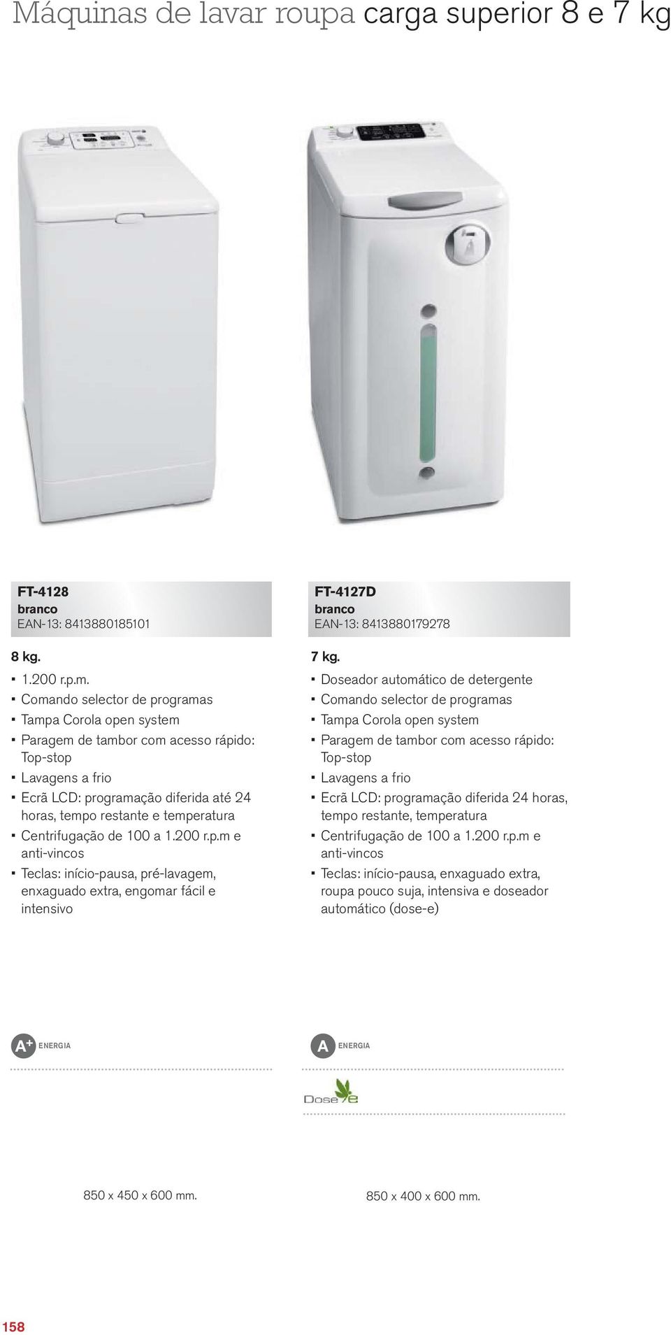 Centrifugação de 100 a 1.200 r.p.m e anti-vincos Teclas: início-pausa, pré-lavagem, enxaguado extra, engomar fácil e intensivo FT-4127D EAN-13: 8413880179278 7.