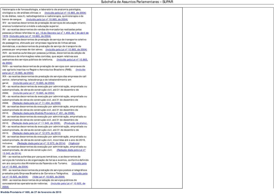 865, de 2004) XIV - as receitas decorrentes de prestação de serviços de educação infantil, ensinos fundamental e médio e educação superior.