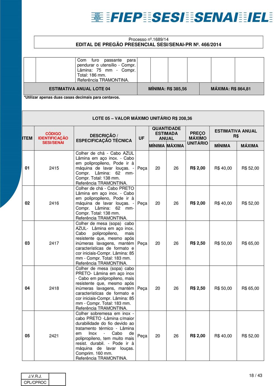 LOTE 05 VALOR MÁXIMO UNITÁRIO R$ 208,36 ITEM CÓDIGO IDENTIFICAÇÃO SESI/SENAI 01 2415 02 2416 03 2417 04 2418 05 2421 DESCRIÇÃO / ESPECIFICAÇÃO TÉCNICA UF QUANTIDADE ESTIMADA ANUAL PREÇO MÁXIMO