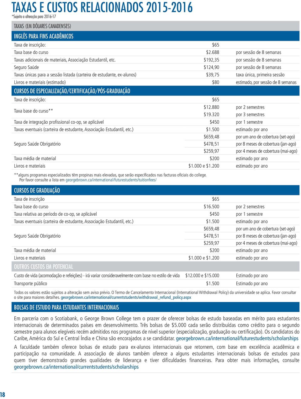 $192,35 por sessão de 8 semanas Seguro Saúde $124,90 por sessão de 8 semanas Taxas únicas para a sessão listada (carteira de estudante, ex-alunos) $39,75 taxa única, primeira sessão Livros e