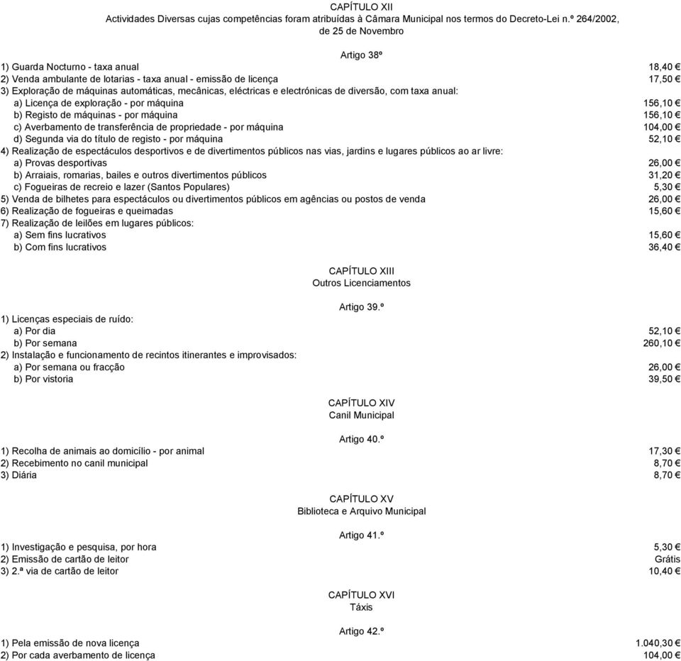 e electrónicas de diversão, com taxa anual: a) Licença de exploração - por máquina b) Registo de máquinas - por máquina c) Averbamento de transferência de propriedade - por máquina d) Segunda via do
