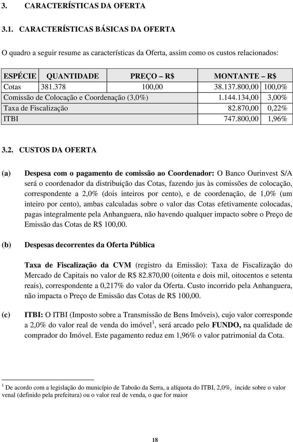 800,00 100,0% Comissão de Colocação e Coordenação (3,0%) 1.144.134,00 3,00% Taxa de Fiscalização 82.