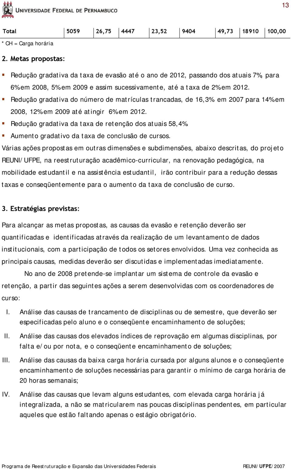 Redução gradativa do número de matrículas trancadas, de 16,3% em 2007 para 14% em 2008, 12% em 2009 até atingir 6% em 2012. Redução gradativa da taxa de retenção dos atuais 58,4%.