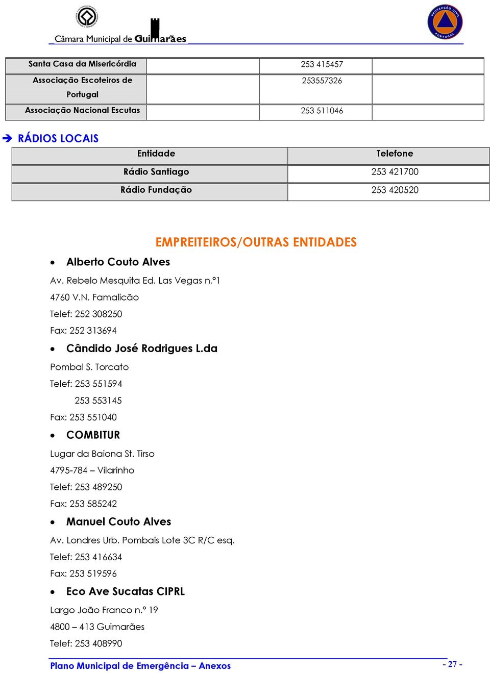 da Pombal S. Torcato Telef: 253 551594 253 553145 Fax: 253 551040 COMBITUR Lugar da Baiona St. Tirso 4795-784 Vilarinho Telef: 253 489250 Fax: 253 585242 Manuel Couto Alves Av.