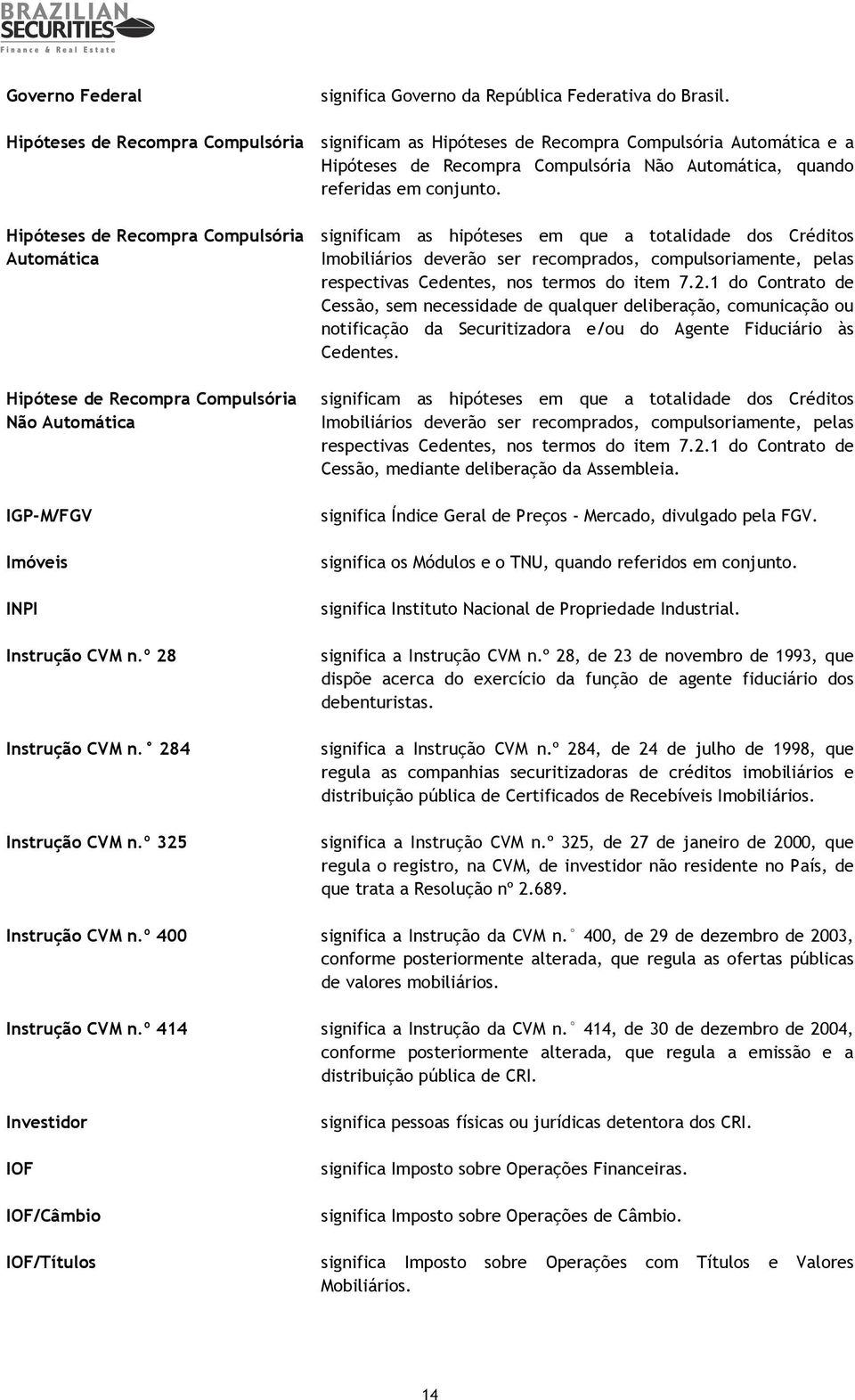 Hipóteses de Recompra Compulsória Automática Hipótese de Recompra Compulsória Não Automática IGP-M/FGV Imóveis INPI Instrução CVM n.º 28 Instrução CVM n. 284 Instrução CVM n.