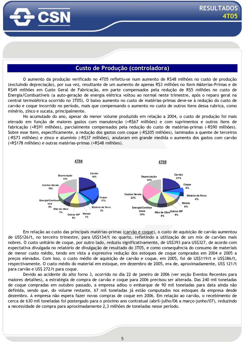 elétrica voltou ao normal neste trimestre, após o reparo geral na central termolétrica ocorrido no 3T05).