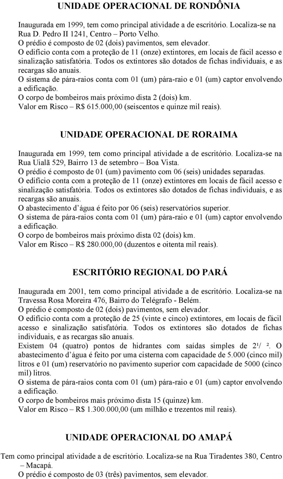 Valor em Risco R$ 615.000,00 (seiscentos e quinze mil reais). UNIDADE OPERACIONAL DE RORAIMA Inaugurada em 1999, tem como principal atividade a de escritório.