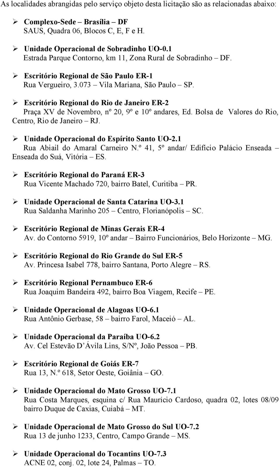 Escritório Regional do Rio de Janeiro ER-2 Praça XV de Novembro, nº 20, 9º e 10º andares, Ed. Bolsa de Valores do Rio, Centro, Rio de Janeiro RJ. Unidade Operacional do Espírito Santo UO-2.