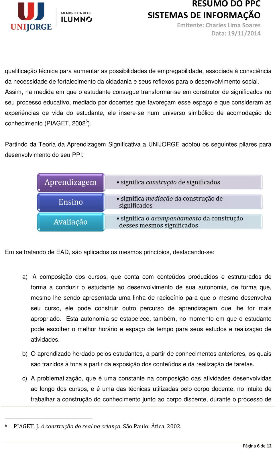 vida do estudante, ele insere-se num universo simbólico de acomodação do conhecimento (PIAGET, 2002 6 ).