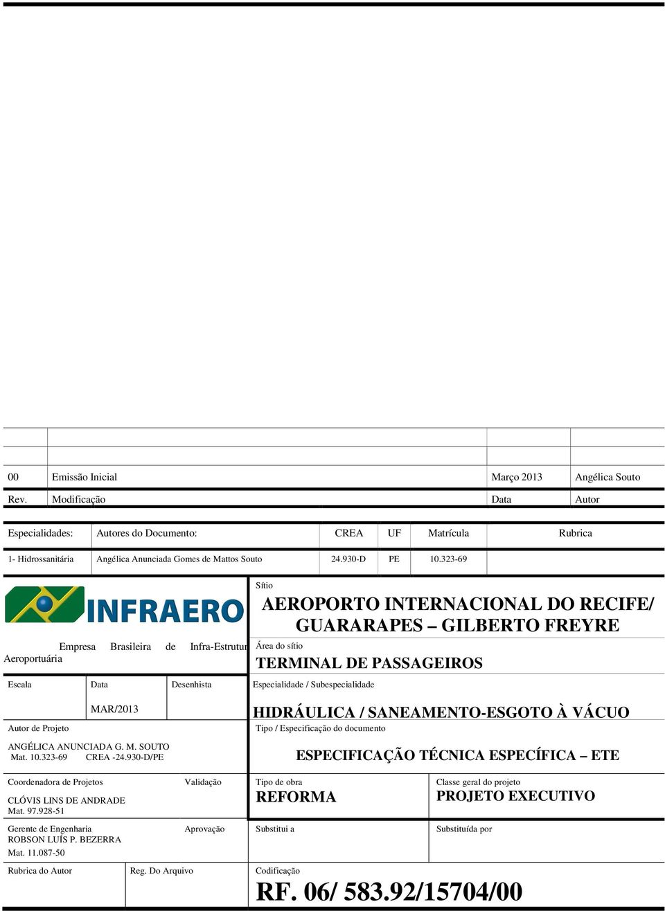 323-69 Sítio AEROPORTO INTERNACIONAL DO RECIFE/ GUARARAPES GILBERTO FREYRE Empresa Brasileira de Infra-Estrutura Área do sítio Aeroportuária TERMINAL DE PASSAGEIROS Escala Data Desenhista