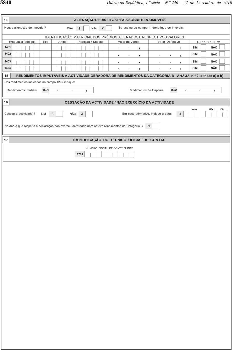 de Venda Valor Definitivo Art.º 139.º CIRC SIM NÃO SIM NÃO SIM NÃO SIM NÃO 15 RENDIMENTOS IMPUTÁVEIS A ACTIVIDADE GERADORA DE RENDIMENTOS DA CATEGORIA B - Art.º 3.º, n.