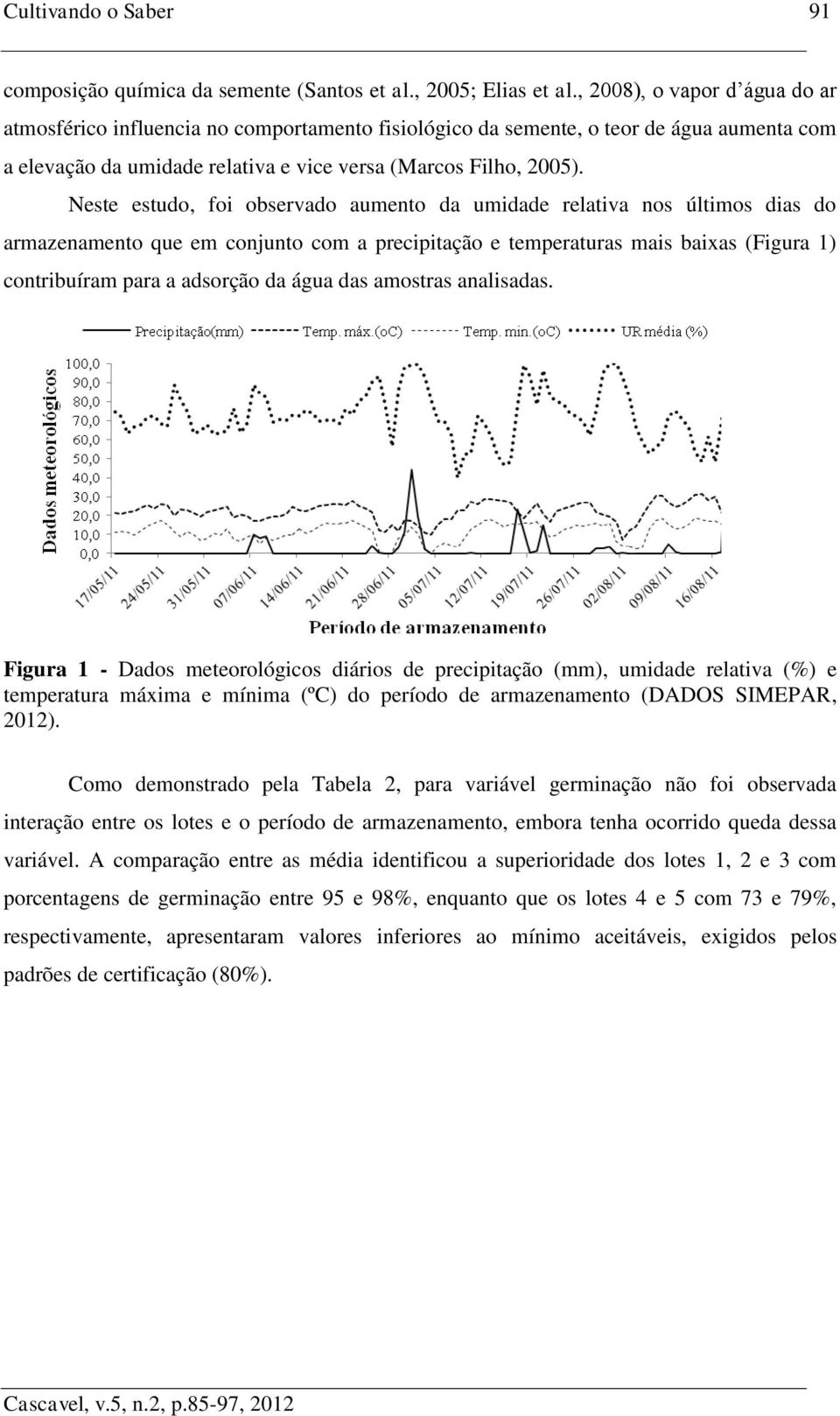 Neste estudo, foi observado aumento da umidade relativa nos últimos dias do armazenamento que em conjunto com a precipitação e temperaturas mais baixas (Figura 1) contribuíram para a adsorção da água