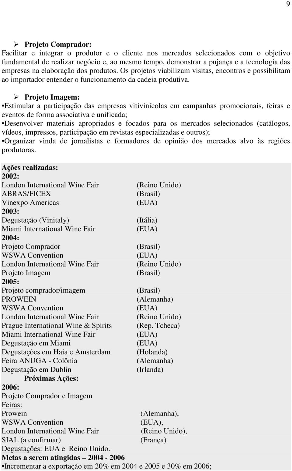 Projeto Imagem: Estimular a participação das empresas vitivinícolas em campanhas promocionais, feiras e eventos de forma associativa e unificada; Desenvolver materiais apropriados e focados para os