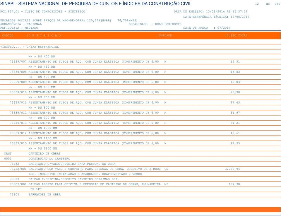 (COMPRIMENTO DE 6,00 M 23,90 M) - DN 700 MM 73839/011 ASSENTAMENTO DE TUBOS DE AÇO, COM JUNTA ELÁSTICA (COMPRIMENTO DE 6,00 M 27,43 M) - DN 800 MM 73839/012 ASSENTAMENTO DE TUBOS DE AÇO, COM JUNTA