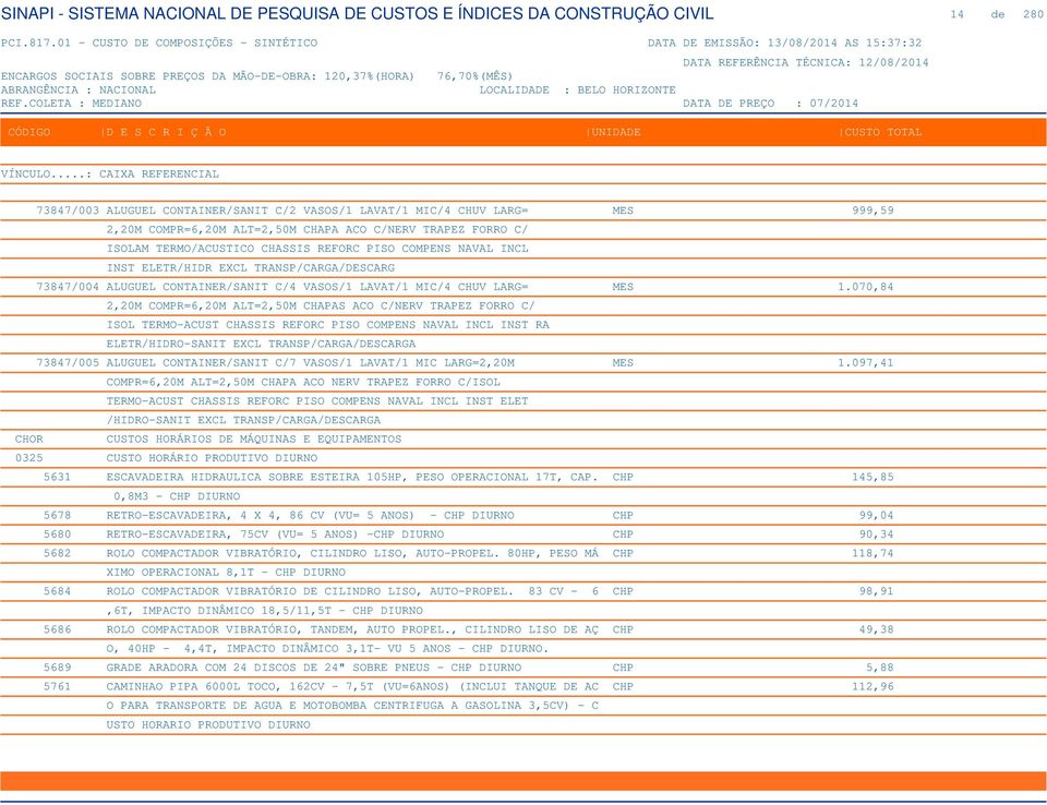 070,84 2,20M COMPR=6,20M ALT=2,50M CHAPAS ACO C/NERV TRAPEZ FORRO C/ ISOL TERMO-ACUST CHASSIS REFORC PISO COMPENS NAVAL INCL INST RA ELETR/HIDRO-SANIT EXCL TRANSP/CARGA/DESCARGA 73847/005 ALUGUEL