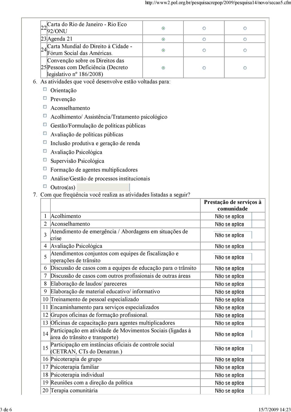 Convenção sobre os Direitos das 25Pessoas com Deficiência (Decreto legislativo nº 186/2008) As atividades que você desenvolve estão voltadas para: Orientação Prevenção Aconselhamento Acolhimento/