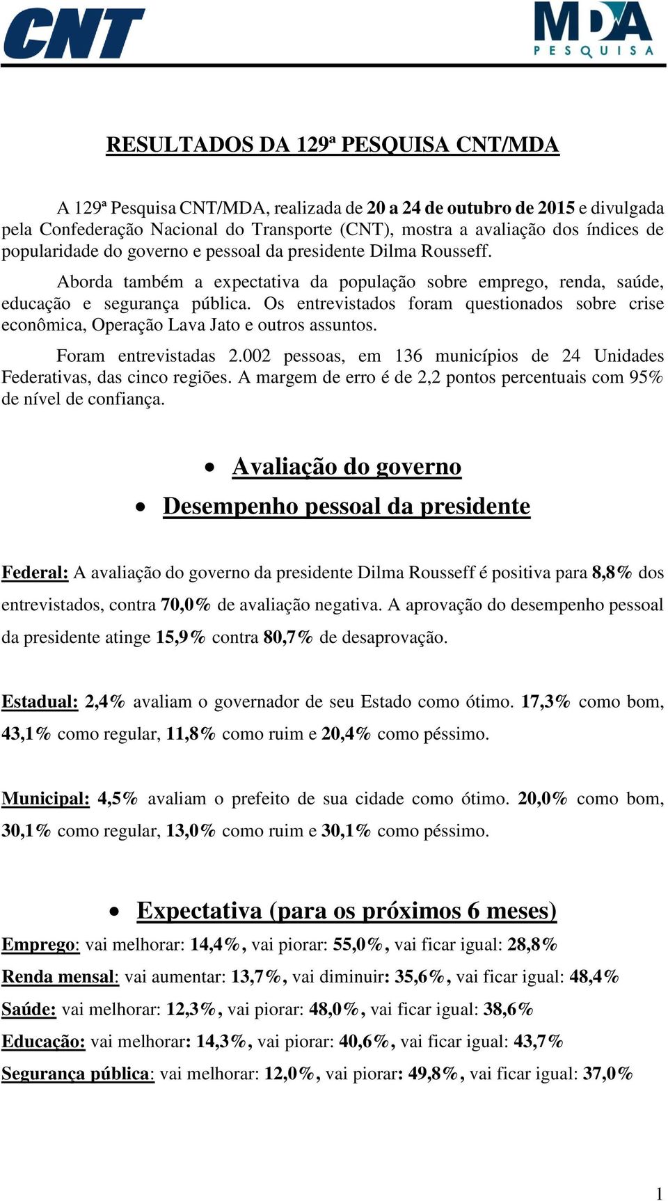 Os entrevistados foram questionados sobre crise econômica, Operação Lava Jato e outros assuntos. Foram entrevistadas 2.002 pessoas, em 136 municípios de 24 Unidades Federativas, das cinco regiões.