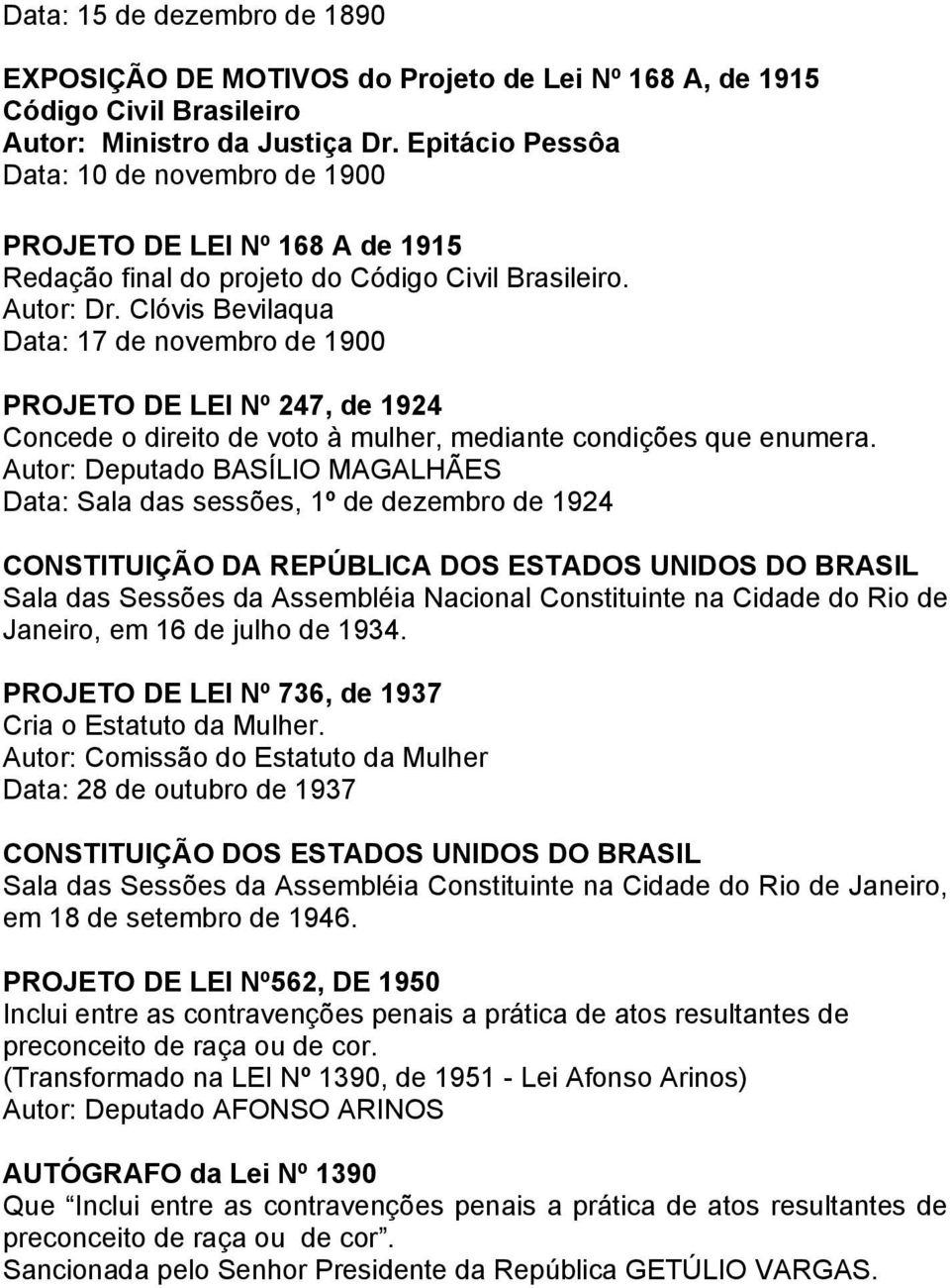 Clóvis Bevilaqua Data: 17 de novembro de 1900 PROJETO DE LEI Nº 247, de 1924 Concede o direito de voto à mulher, mediante condições que enumera.