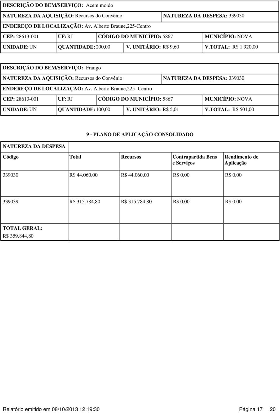 TOTAL: R$ 501,00 NATUREZA DA DESPESA 9 - PLANO DE APLICAÇÃO CONSOLIDADO Código Total Recursos Contrapartida Bens e