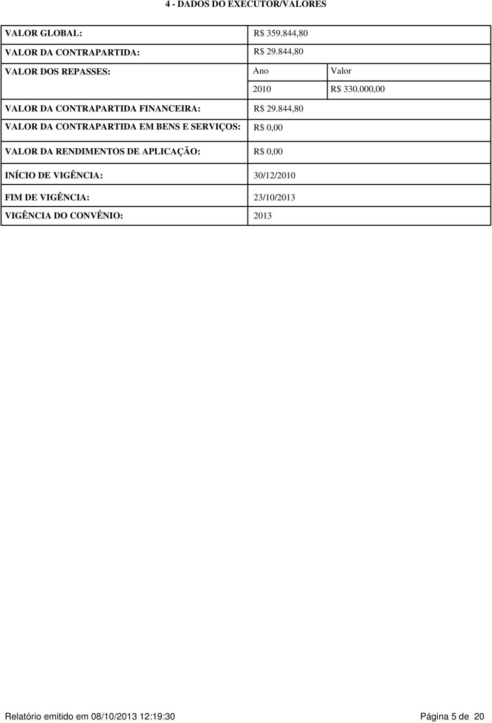 000,00 VALOR DA CONTRAPARTIDA EM BENS E SERVIÇOS: R$ 0,00 VALOR DA RENDIMENTOS DE APLICAÇÃO: R$