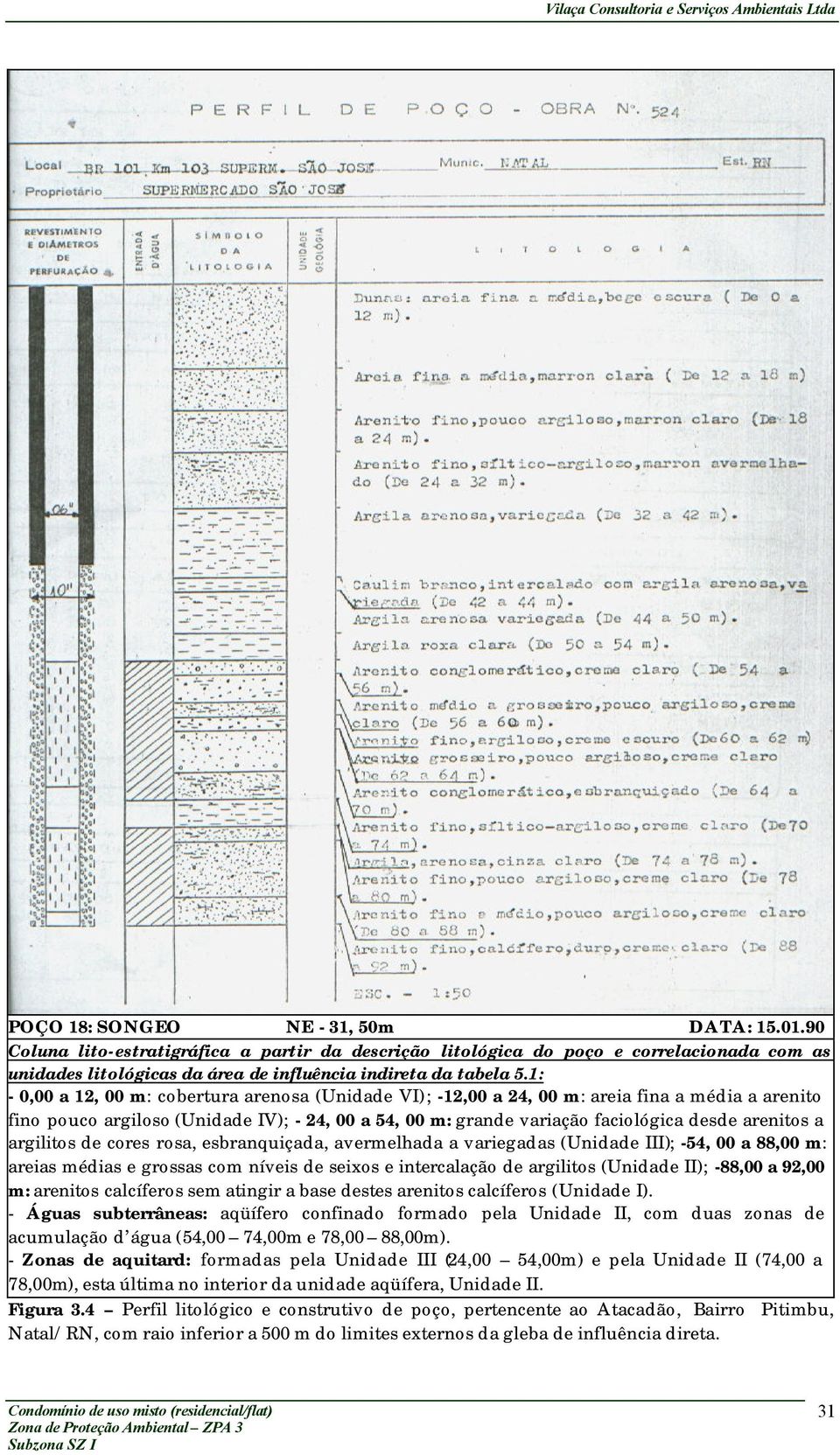 a argilitos de cores rosa, esbranquiçada, avermelhada a variegadas (Unidade III); -54, 00 a 88,00 m: areias médias e grossas com níveis de seixos e intercalação de argilitos (Unidade II); -88,00 a