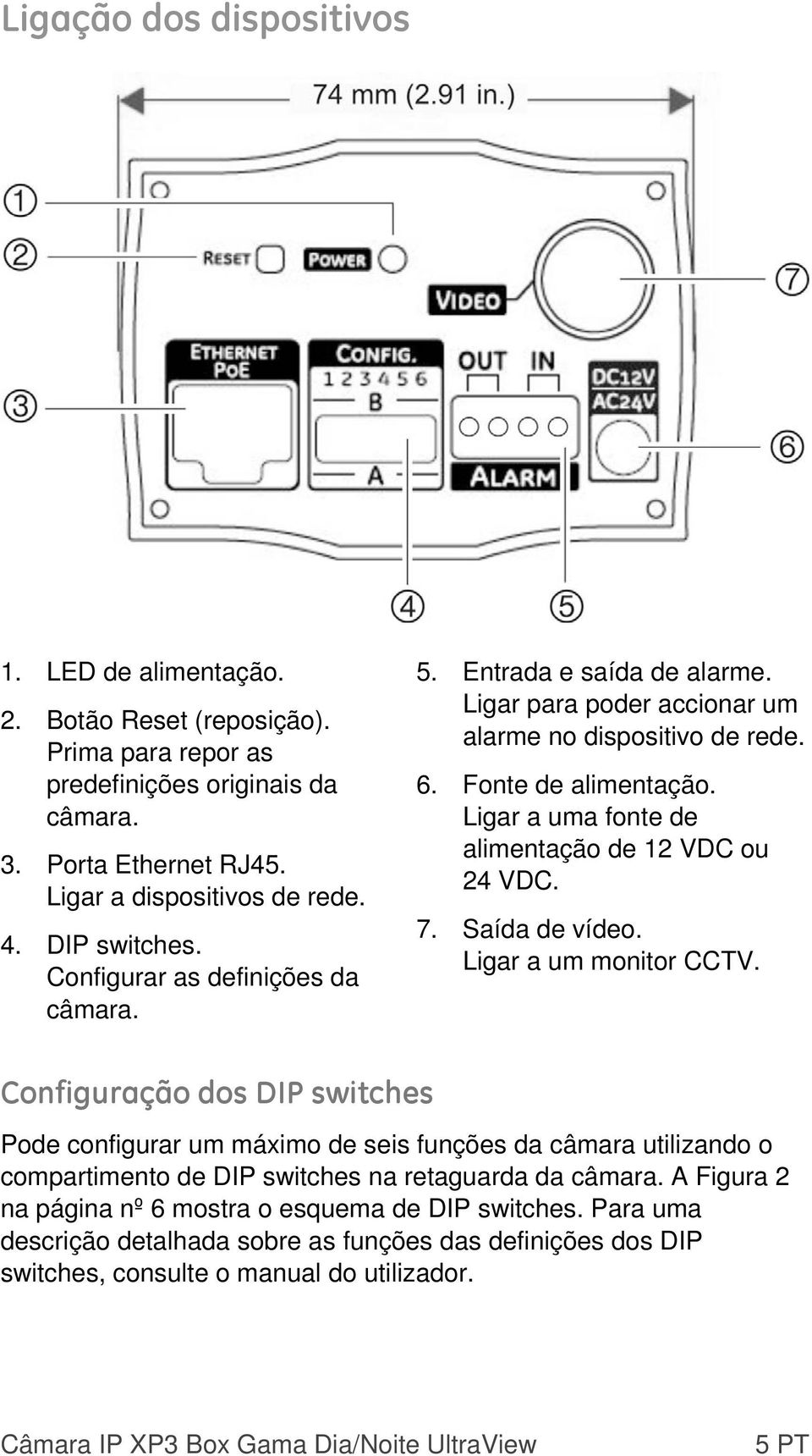 Ligar a uma fonte de alimentação de 12 VDC ou 24 VDC. 7. Saída de vídeo. Ligar a um monitor CCTV.