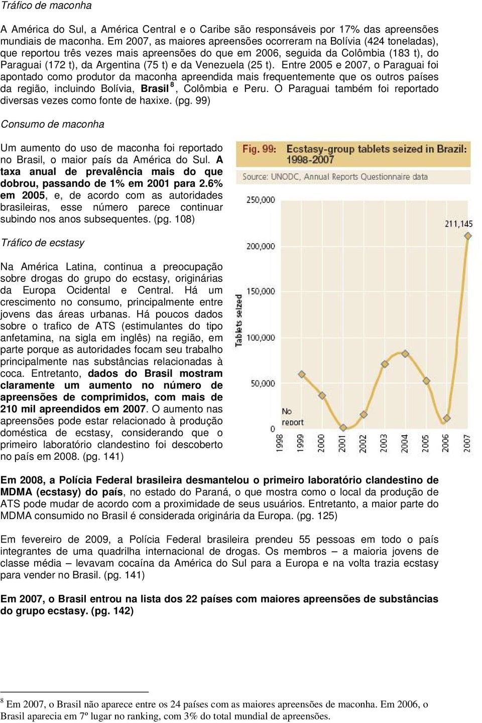 Venezuela (25 t). Entre e, o Paraguai foi apontado como produtor da maconha apreendida mais frequentemente que os outros países da região, incluindo Bolívia, Brasil 8, Colômbia e Peru.