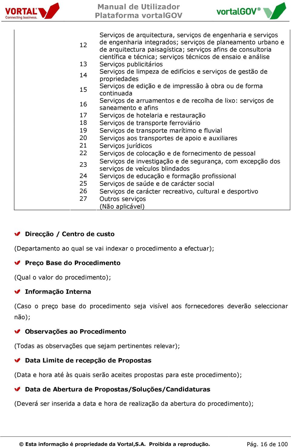 forma continuada 16 Serviços de arruamentos e de recolha de lixo: serviços de saneamento e afins 17 Serviços de hotelaria e restauração 18 Serviços de transporte ferroviário 19 Serviços de transporte