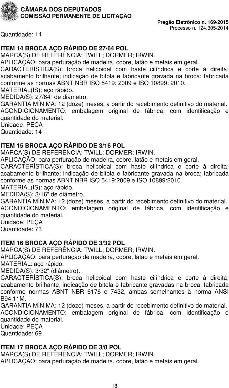 2009 e ISO 10899: 2010. MATERIAL(IS): aço rápido. MEDIDA(S): 27/64" de diâmetro. Quantidade: 14 ITEM 15 BROCA AÇO RÁPIDO DE 3/16 POL MARCA(S) DE REFERÊNCIA: TWILL; DORMER; IRWIN.