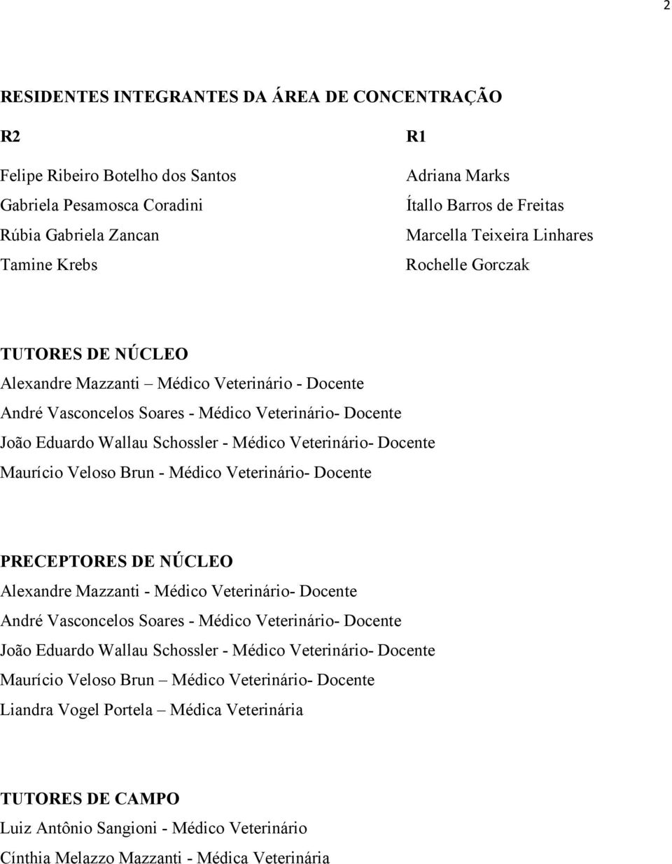 Veterinário- Docente Maurício Veloso Brun - Médico Veterinário- Docente PRECEPTORES DE NÚCLEO Alexandre Mazzanti - Médico Veterinário- Docente André Vasconcelos Soares - Médico Veterinário- Docente