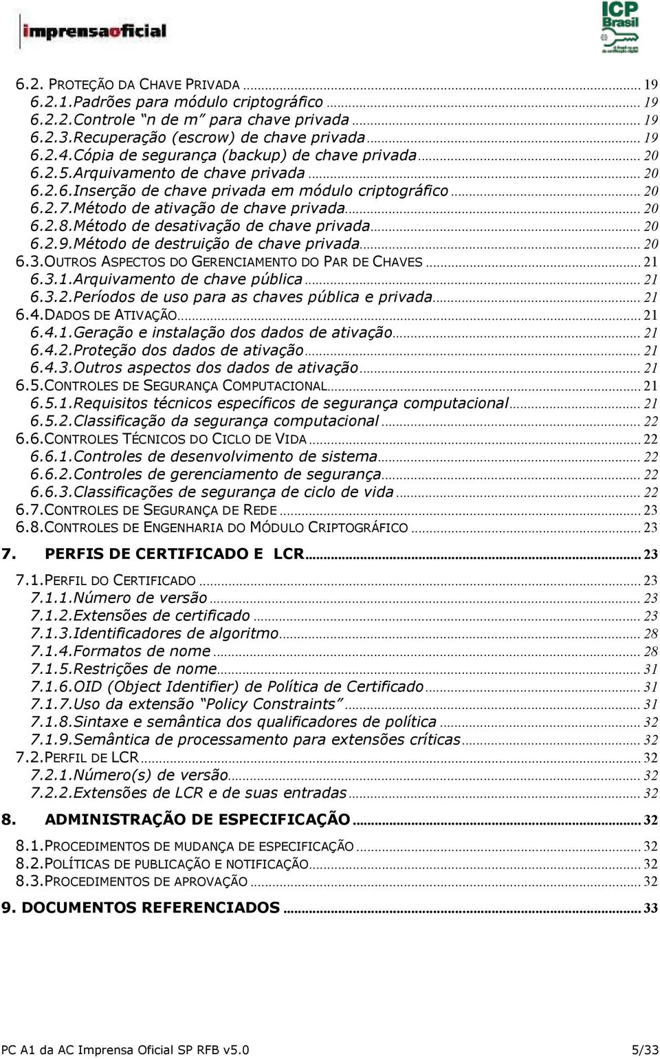 .. 20 6.2.8.Método de desativação de chave privada... 20 6.2.9.Método de destruição de chave privada... 20 6.3.OUTROS ASPECTOS DO GERENCIAMENTO DO PAR DE CHAVES... 21 6.3.1.Arquivamento de chave pública.