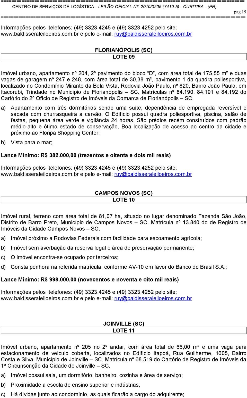 190, 84.191 e 84.192 do Cartório do 2º Ofício de Registro de Imóveis da Comarca de Florianópolis SC.