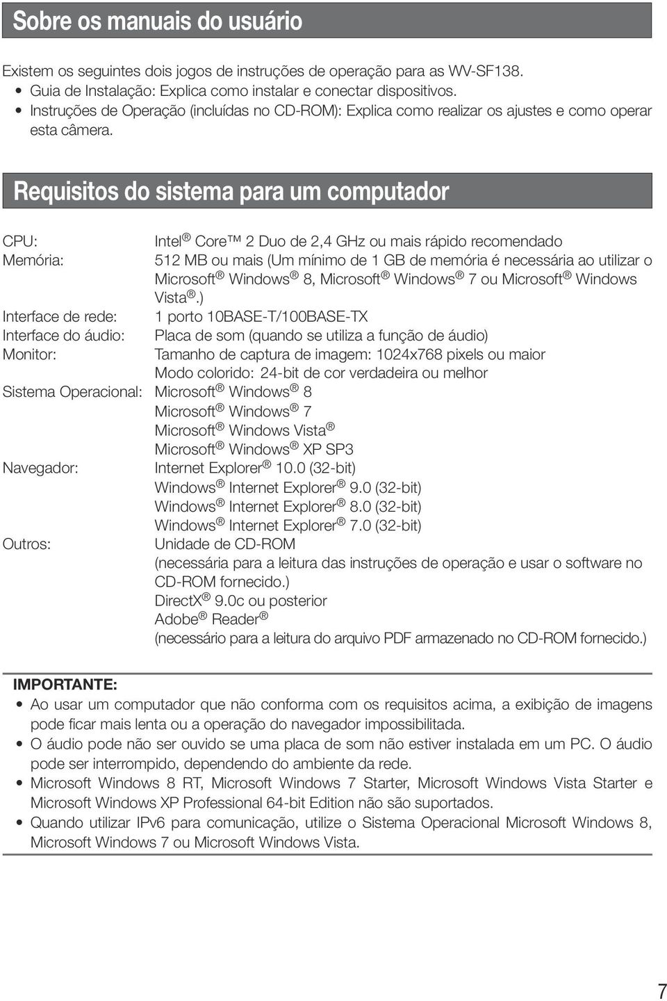 Requisitos do sistema para um computador CPU: Memória: Interface de rede: Interface do áudio: Monitor: Intel Core 2 Duo de 2,4 GHz ou mais rápido recomendado 512 MB ou mais (Um mínimo de 1 GB de