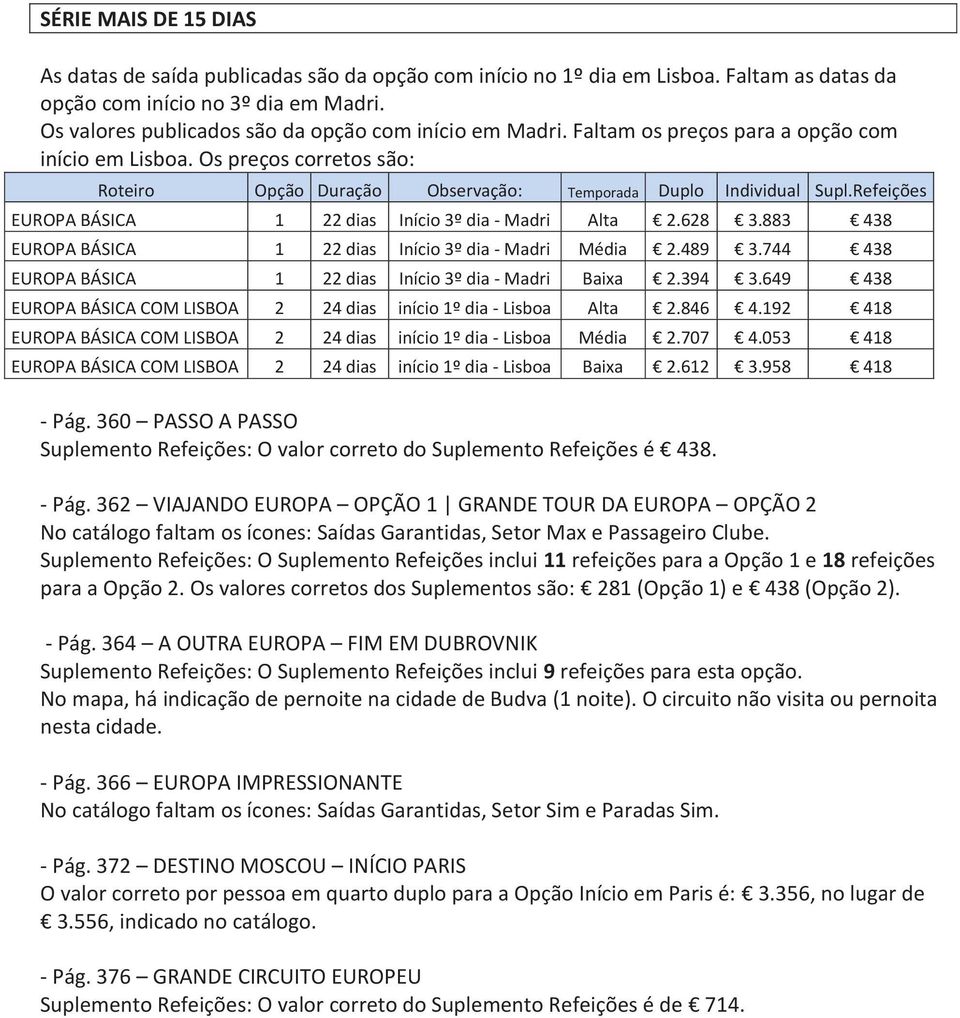 883 438 EUROPA BÁSICA 1 22 dias Início 3º dia - Madri Média 2.489 3.744 438 EUROPA BÁSICA 1 22 dias Início 3º dia - Madri Baixa 2.394 3.