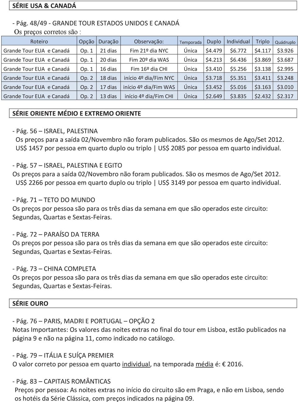 1 21 dias Fim 21º dia NYC Única $4.479 $6.772 $4.117 $3.926 Grande Tour EUA e Canadá Op. 1 20 dias Fim 20º dia WAS Única $4.213 $6.436 $3.869 $3.687 Grande Tour EUA e Canadá Op.